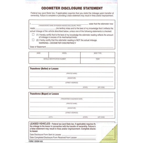 Asp Odometer Disclosure Statements, 5 2/3" X 8 3/8"-2 Part, 100 Per Pack Pk ODOM-933 - main